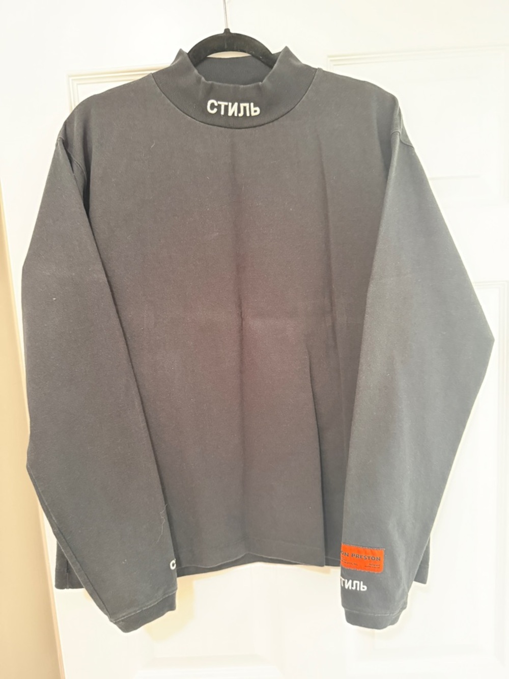 Heron Preston Black shirt  with Orange Patch and White Cyrillic Embroidery